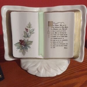 Vintage Decorative Ceramic Open Book with Lords Prayer Pencil Pen Holder